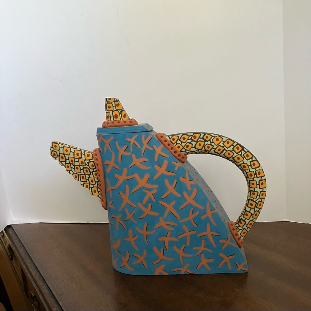 Artistic Teapot with Blue and Gold Design Crafted from Clay - Picture 2 of 7